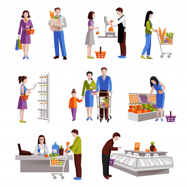 People in supermarket buying grocery products Free Vector