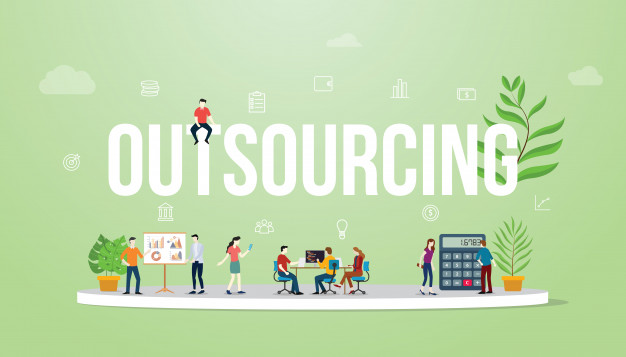 Outsourcing business concept big text with people Premium Vector