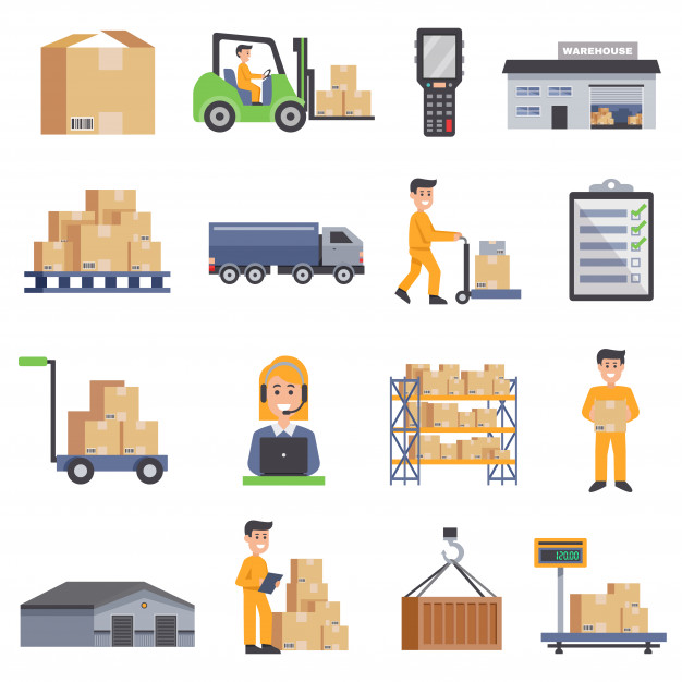 Warehouse flat icons set Free Vector